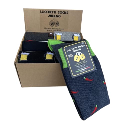 Lucchetti Socks Milano Box Geschenkidee 6 Paar Socken Muster Herren lang Made in Italy bunt Winter Punkte Streifen bequem, Chili Set, Einheitsgröße von Lucchetti Socks Milano
