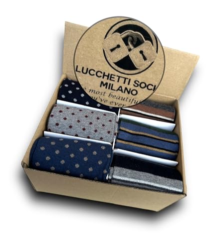 Lucchetti Socks Milano Box Geschenkidee 6 Paar Socken Muster Herren lang Made in Italy bunt Winter Punkte Streifen bequem, Latein Set, Einheitsgröße von Lucchetti Socks Milano
