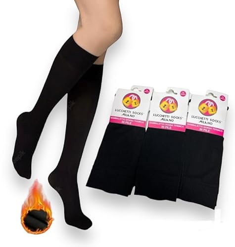 Lucchetti Socks Milano Damen Winter-Thermo-Kniestrümpfe aus Fleece, lange warme Thermosocken, lange Thermosocken, 3 Paar schwarz oder sortiert (Einheitsgröße, 3 Paar schwarz) von Lucchetti Socks Milano