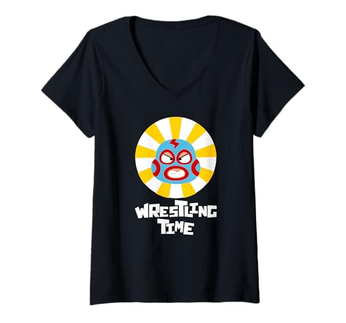 Damen Wrestling Time Wrestling Free Wrestling Kawaii T-Shirt mit V-Ausschnitt von Lucha Libre Mexicana Sonia Pascual Illustrations