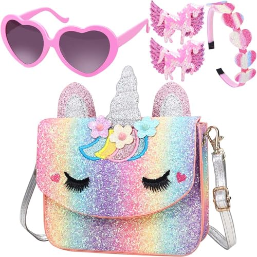 Luchike Einhorn-Geldbörse für kleine Mädchen, Kleinkinder, Crossbody-Taschen für Kinder mit Zubehör, niedliche Klappentasche für Kinder, Sonnenbrille für Mädchen, Pink7, modisch von Luchike