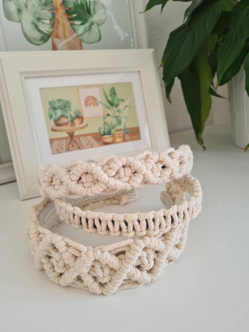 Haarband Makramee Macrame Stoffband Beige Gelb Orange Burgunder Schwarz Hochzeit Haarreifen Haaraccessoires von LuciForPlants