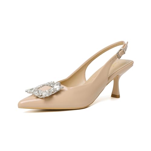 Lucibenita Damen Slingback Kitten Heels Geschlossene Spitze Zehen Kleid Schuhe mit Strass Hochzeit Party Pumps Lackleder Dating Arbeiten, Hautfarben, 40 EU von Lucibenita