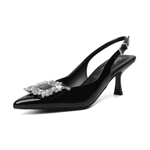 Lucibenita Damen Slingback Kitten Heels Geschlossene Spitze Zehen Kleid Schuhe mit Strass Hochzeit Party Pumps Lackleder Dating Arbeiten, Schwarz, 37.5 EU von Lucibenita
