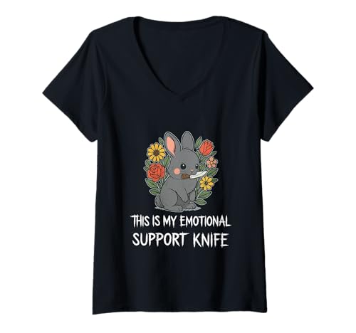 Damen Das ist Mein Messer zur emotionalen Unterstützung, niedlicher Hase T-Shirt mit V-Ausschnitt von Lucid Mirage