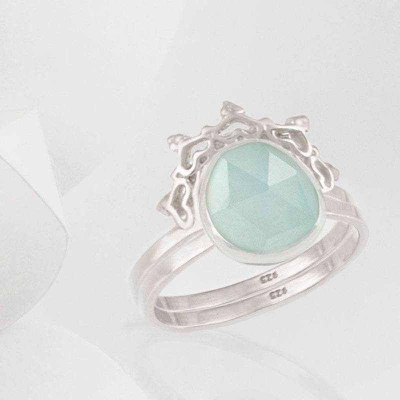 Austra Silber & Aquamarin Ring Mit Halo Nesting Band von LucieLocketStudio