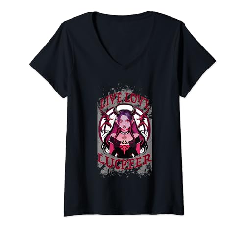 Damen Demon Lucifer Girl Manga T-Shirt mit V-Ausschnitt Damen Demon Lucifer Girl Manga T-Shirt mit V-Ausschnitt von Lucifer Emo Girl