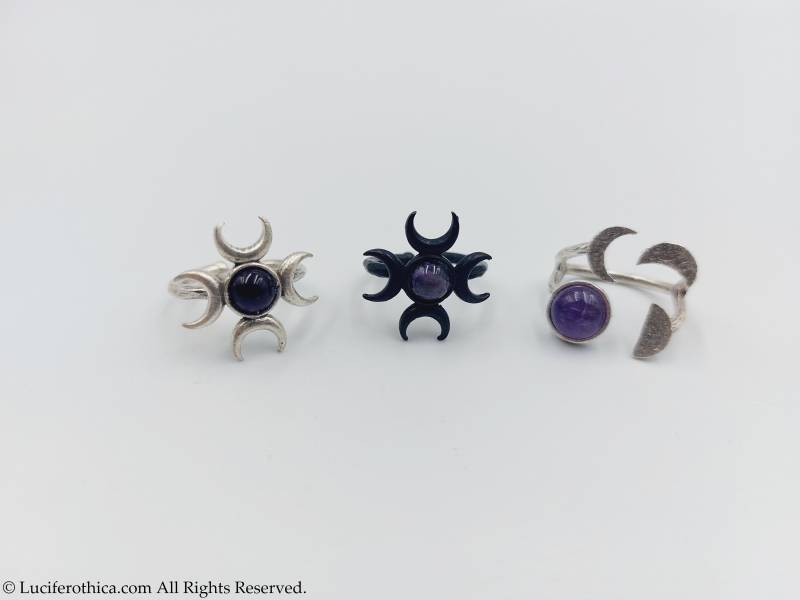 Mond Ringe Mit Amethyst Kristall - Dreifach Mondgoddess Halbmond Luna Phaze Waxing Lunar Witch Hekate Gothic Wicca Geschenk Goth Hecate von LuciferothicaCrafts