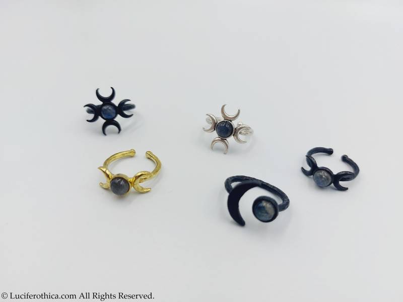 Mondringe Mit Labradorit Kristall - Dreifach Mondgoddess Halbmond Luna Phaze Waxing Lunar Witch Hekate Gothic Wicca Geschenk Goth Hecate von LuciferothicaCrafts