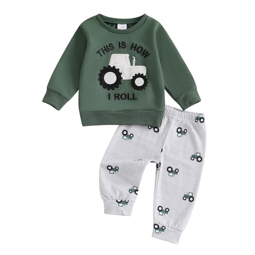 Lucikamy Kleinkind Baby Jungen Herbst Winter Outfits Traktor Print Langarm Sweatshirt Hose Set Kinder Sweatsuit Kleidung, Grün-R, 12-18 Monate von Lucikamy