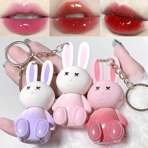 3 Colors Cute Rabbit Lip Glaze Jelly Lipstick, Liquid Lipstick Key Chain 2 in 1, Moisturizing Lip Stain Plumping Water Lip Gloss Waterproof Long Lasting Cheek Rouge Tint Cosmetics Beauty Makeup (C) von LuckNest