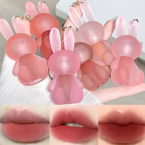 6 Farben Lippenstift Matte Lipstick set,Cute Rabbit Lip Glaze 2 in 1 Key Chain Lip Gloss Lip Stain, Waterproof Non-Stick Cup Long Lasting Lip Clay Cute Lip Makeup von LuckNest