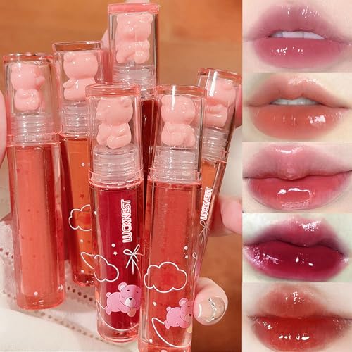 6Pcs Bear Lip Glaze Flüssig-Lippenstift Cute Bear Lipgloss Moisturizing Lip Stain Plumping Water Lip Gloss Waterproof Long Lasting Cheek Rouge Tint Cosmetics von LuckNest