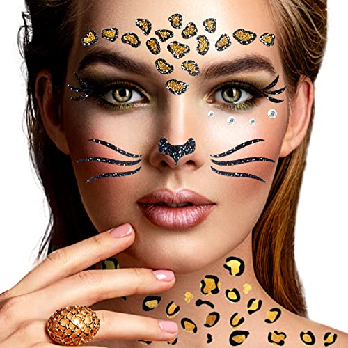 Face Sticker - Tattoo - Leopard, Temporäres Glitter Gesichtstattoo Karneval, Glitzer Tattoo Set für Fasching, Karneval, Halloween & Motto Partys von Luckeey