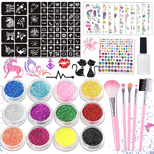 Glitzer Tattoo Set Kinder Mädchen, Glitzertattoos Kinder Set - 12 Farben, 89 Schablonen, 165 Strasssteine, Temporäre Glitzer Make Up Kit, Spielzeug Geschenke für Mädchen von Luckeey