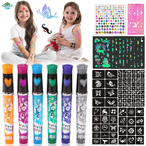 Glitzer Tattoo Stifte Kinder (6 Farben | 95 Schablonen), Tattoo Gelstifte mit 10 Tattoo Einhorn Leuchtend und 1 Blätter Glitzersteine Gesicht, Tattoostifte für Halloween Party Verkleiden von Luckeey