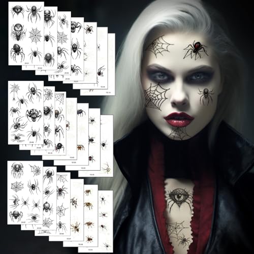 20 Blätter Spinnen Tattoo Halloween, Temporäre Tattoos Realistisch Schwarz Spinnen Halloween Gesichtstattoo, Spinnentattoos für Kinder Erwachsener Halloween Makeup Karneval Party Punk Geschenk von Luckeey