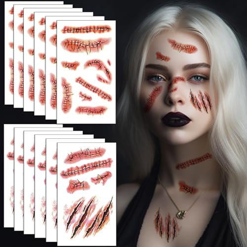 12 Blatt Halloween Narben Tattoo, Kinder Erwachsene Schminke Realistisch Tattoo, Halloween Kostüm Herren Damen Make Up Aufkleber, Zombie Vampir Gruselig Wunden Kratzer Scab Blut Tattoos von Luckeey