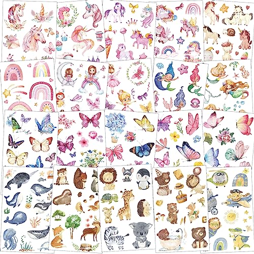 200+ Glitzertattoos Kinder Set, Tattoo Kinder Mädchen Kindertattoos Hautfreundlich, Einhorn+Meerjungfrau+Schmetterling+Tier tattoos für Mitgebsel Kindergeburtstag von Luckeey