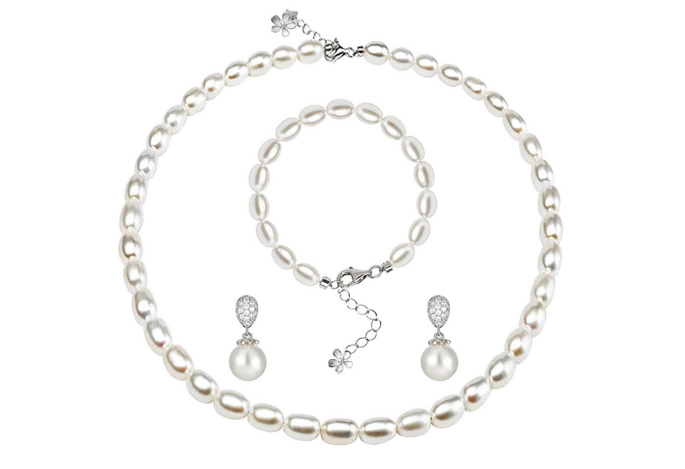 Luckice Perlenketten-Set Perlenkette 8-9mm Süßwasserperlen Pearls Set (verstellbar Perlenkette Set, Armband, Ohrringe, Sterling-silber, Damen Halskette, klassische Schmuck Halskette), Geschenk zum Muttertag, Geschenkbox Verpackung von Luckice