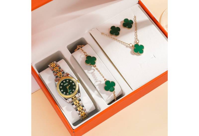 Luckice Quarzuhr Geschenk Damen Armbanduhr Armband Halskette Ohrring Schmuck Set, (Elegant Analog Quarz Uhr mit Digital Zifferblatt und Elastisch Legierung Armband .Frauen Mädchen Strass Quarzuhr für Weihnachten Bracelet Jewelry Set.Damengeschenke, Weihnachten, Valentinstag, Hochzeitstag, Muttertag, Lehrertag, 4-tlg., Brautschmuckzubehör,Geburtstage usw Es kann als Schmuckdisplay),  Kunstfotos usw.verwendet werden.Hochwertige Geschenkbox von Luckice