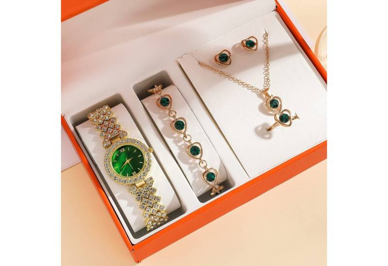 Luckice Quarzuhr Geschenk Damen Armbanduhr Armband Halskette Ring Ohrring Schmuck Set, (Elegant Analog Quarz Uhr mit Digital Zifferblatt und Elastisch Legierung Armband .Frauen Mädchen Strass Quarzuhr für Weihnachten Bracelet Jewelry Set.Damengeschenke, Weihnachten, Valentinstag, Hochzeitstag, Muttertag,Lehrertag, Geburtstage usw Es kann als Schmuckdisplay,Brautschmuckzubehör), Kunstfotos usw.verwendet werden.Hochwertige Geschenkbox von Luckice