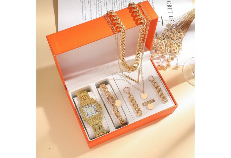 Luckice Quarzuhr Geschenk Damen Armbanduhr Armband Halskette Ring Ohrring Schmuck Set, (Elegant Analog Quarz Uhr mit Digital Zifferblatt und Elastisch Legierung Armband .Frauen Mädchen Strass Quarzuhr für Weihnachten Bracelet Jewelry Set.Damengeschenke, Weihnachten, Valentinstag, Hochzeitstag, Muttertag,Lehrertag, Geburtstage usw Es kann als Schmuckdisplay,Brautschmuckzubehör), Kunstfotos usw.verwendet werden.Hochwertige Geschenkbox von Luckice