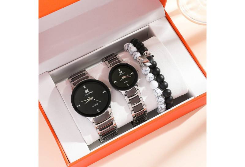 Luckice Quarzuhr Unisex Analog Quarz Paar Uhr mit Liebesarmband Uhr Chronographen, (EdelstahlBand Männer Damen Uhren Business Schwarz Quarzuhren Hochwertiges Geschenkbox-Set, Valentinstagsgeschenke,Weihnachtsgeschenke,Vatertagsgeschenke,Muttertagsgeschenke, Geburtstagsgeschenke, 4-tlg) von Luckice