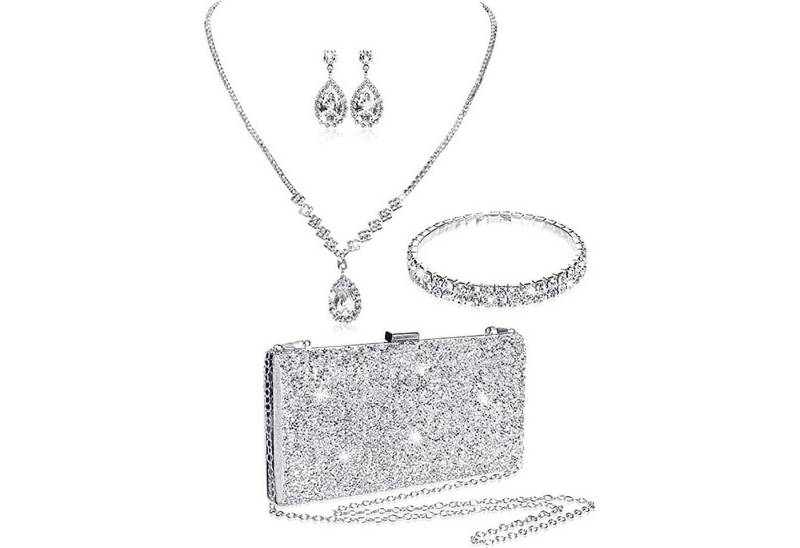 Luckice Schmuckset Damen Glitzer Clutch Strass Abendtasche Brautschmuck Set Geldbörse (Braut Handtasche Hochzeit Party Unterarmtasche Umhängetasche Schultertasche mit Schulterkette,Tropfenförmig/quastenförmig sind zwei Formen erhältlich,Choker Halskette Ohrringe Glitzer Armband Abschlussball Schmuck Set Damen Hochzeitsschmuck Braut Das perfekte Geschenk für Frauen, 4-tlg., Ein unverzidhtbares Schmuck-Outfit fur den Sommer), Perfekt für jeden Anlass, für jeden Hautton von Luckice