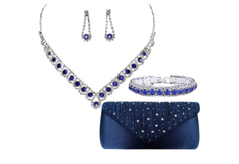 Luckice Schmuckset Damen Glitzer Clutch Strass Abendtasche Brautschmuck Set Geldbörse (Braut Handtasche Hochzeit Party Unterarmtasche Umhängetasche Schultertasche mit Schulterkette,Tropfenförmig/quastenförmig sind zwei Formen erhältlich,Choker Halskette Ohrringe Glitzer Armband Abschlussball Schmuck Set Damen Hochzeitsschmuck Braut Das perfekte Geschenk für Frauen, 4-tlg., Ein unverzidhtbares Schmuck-Outfit fur den Sommer), Perfekt für jeden Anlass, für jeden Hautton von Luckice