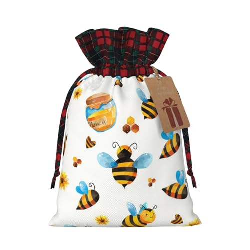 Luckily&Day Cartoon-Bienen-Druck, Weihnachts-Kordelzug, Geschenktasche für Party, Festival, lustige, wiederverwendbare Leinentasche, 1 Stück von Luckily&Day