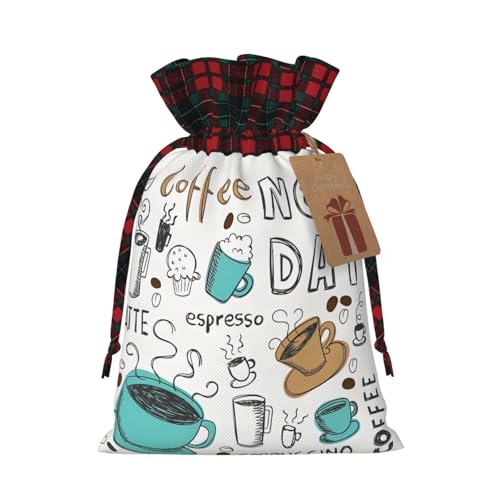 Luckily&Day Delicious Coffee Print Weihnachts-Geschenktasche mit Kordelzug für Party, Festival, lustige, wiederverwendbare Leinentasche, 1 Stück, mittelgroß von Luckily&Day