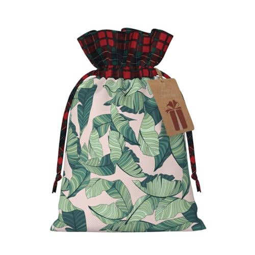 Luckily&Day Grüne Palmenblätter, weicher Druck, Weihnachts-Kordelzug, Geschenktasche für Party, Festival, lustige, wiederverwendbare Leinentasche, 1 Stück, mittelgroß von Luckily&Day