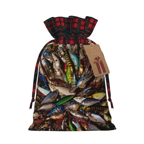 Luckily&Day Weihnachtliche Geschenktasche mit Angelköderaufdruck, für Party, Festival, lustige, wiederverwendbare Leinentasche, 1 Stück, klein von Luckily&Day