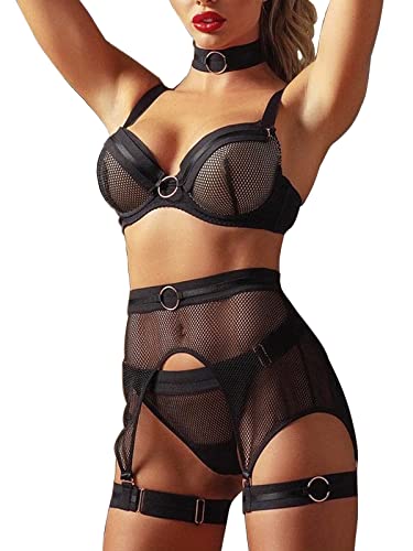 Ojostern Dessous Damen Sexy Reizwäsche Unterwäsche Set Strapsen Dessous Set mit Strapsgürtel und Halsband für Frauen 4 Stück Schwarz L von Ojostern