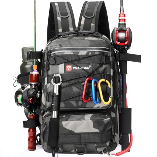 Luckits Angelrucksack, Angeltasche, Angelgerät Rucksack mit Rutenhalter, wasserdichte Angelgeräte Aufbewahrungstaschen, atmungsaktive Schultertasche, Wandern, Jagd, Camping, Outdoor Sport (Black) von Luckits
