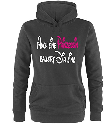 Luckja Auch eine Prinzessin ballert dir eine Damen Hoodie Schwarz-Weiss/Neonpink Grösse M von Luckja