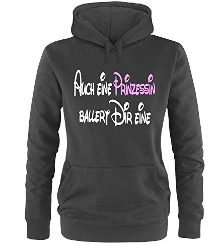 Luckja Auch eine Prinzessin ballert dir eine Damen Hoodie Schwarz-Weiss/Rosa Grösse L von Luckja