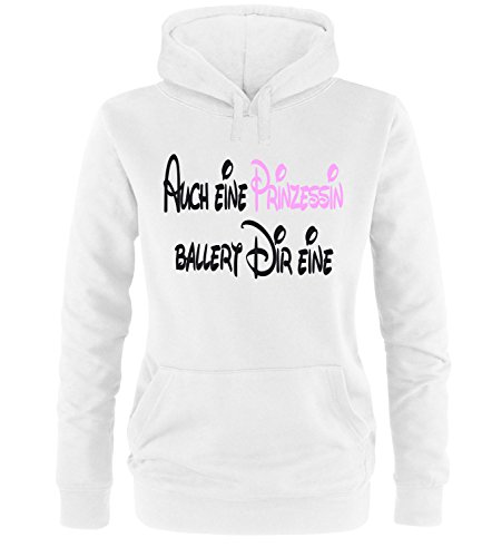 Luckja Auch eine Prinzessin ballert dir eine Damen Hoodie Weiss-Schwarz/Rosa Grösse L von Luckja