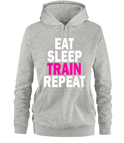 Luckja Eat Sleep Train Repeat Damen Hoodie Grau-Weiss/Neonpink Grösse M von Luckja