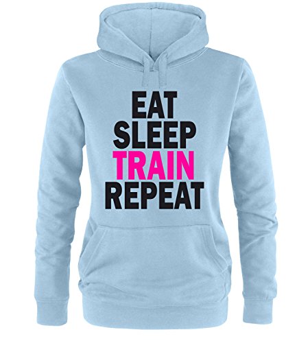 Luckja Eat Sleep Train Repeat Damen Hoodie Hellblau-Schwarz/Neonpink Grösse M von Luckja