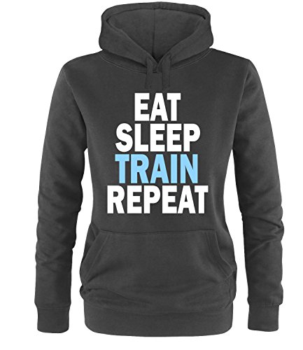 Luckja Eat Sleep Train Repeat Damen Hoodie Schwarz-Weiss/Hellblau Grösse M von Luckja