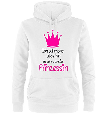 Luckja Ich schmeiss Alles hin und werde Prinzessin Damen Hoodie Weiss-Schwarz/Neonpink Grösse XL von Luckja