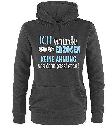 Luckja Ich wurde sehr gut erzogen Keine Ahnung was dann passierte Damen Hoodie Schwarz-Weiss/Hellblau Grösse XL von Luckja