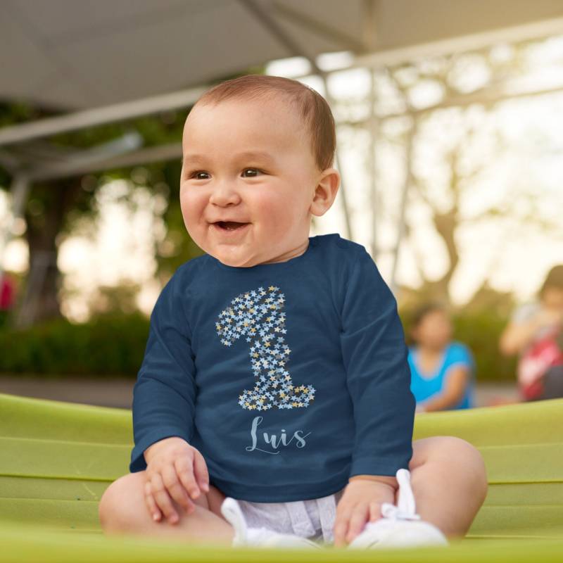 Geburtstagsshirt Mit Sternen Und Den Namen Deines Kindes | Shirt Zum 1. Geburtstag Erster Baby Langarm Aus Bio Baumwolle von LuckjaGmbH
