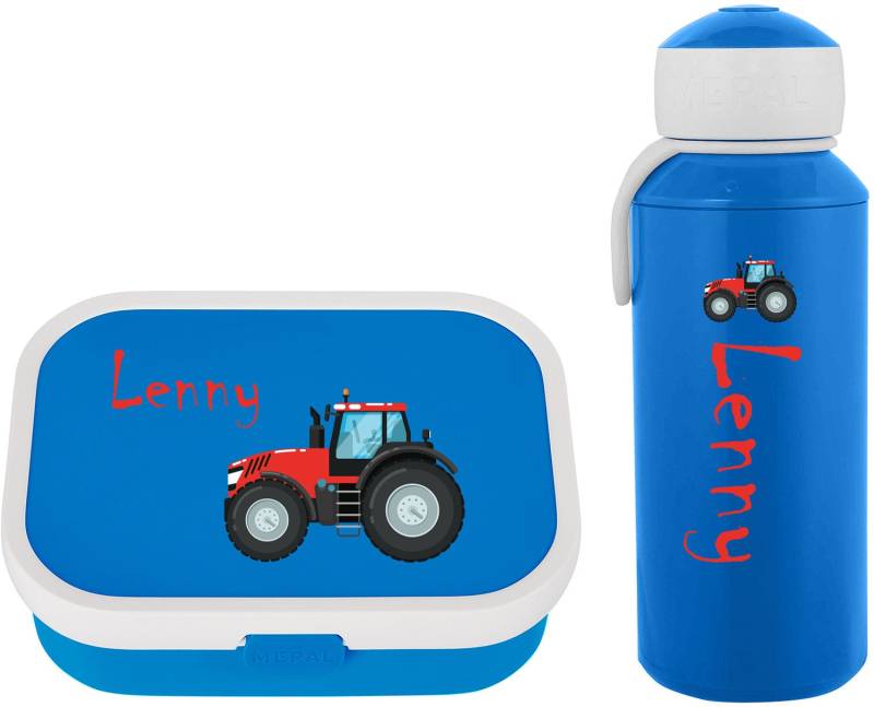 Mepal Brotdose & Trinkflasche Als Set Mit Name | Personalisierte Bento Einsatz Und Wasserflasche Coolem Rotem Trecker von LuckjaGmbH