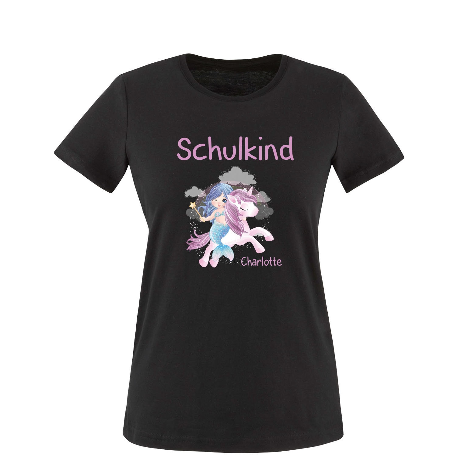Schulkind 2023 Kinder T-Shirt Mit Name | Einschulungs Shirt Neidlichem Einhorn & Meerjungfrau Und Schultüte von LuckjaGmbH