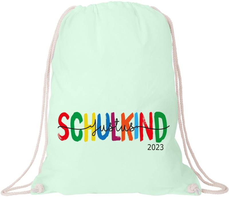 Schulkind Stoffbeutel in Bunt Mit Wunschname | Rucksack Sportbeutel/Personalisierter Turnbeutel Für Die Schule Einschulung 2023 von LuckjaGmbH