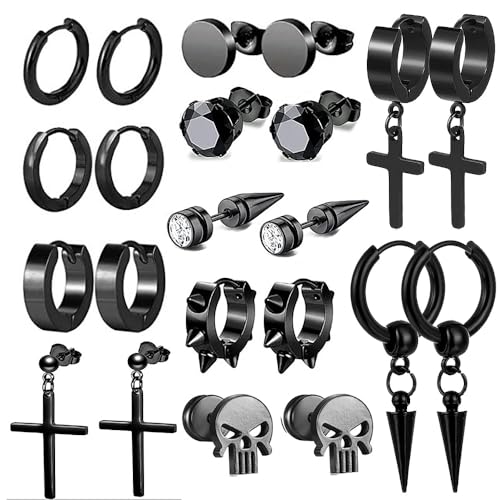 Lucktao 11 Paar Ohrringe Set Edelstahl,Edelstahl Kreuz Ohrringe,Creolen Ohrringe Schwarz Ohrstecker Set,Edelstahl Allergiefreie Ohrringe,Edelstahl Clip Ohrringe Schwarz,für Männer Damen Unisex von Lucktao