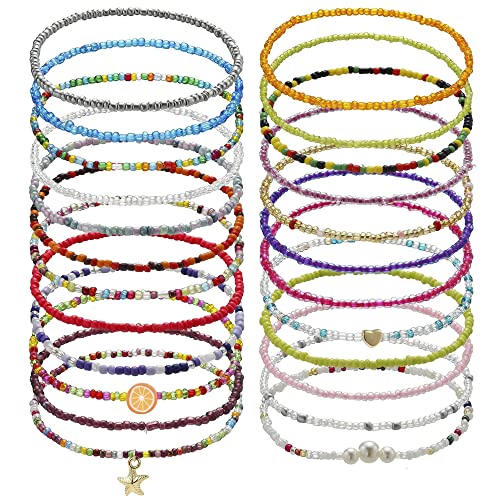 Lucktao 24 Stück bunte Perlen fußkette,Boho fußkette damen,Handgefertigte Perlen Fußkettchen,fusskettenchen,Perlen Fußkettchen Set Strand Boho Mädchen Frauenc für Damen und Mädchen verstellbares von Lucktao